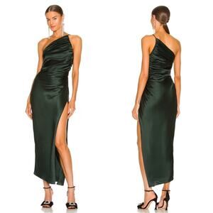 THE SEI One Shoulder Silk Ruched Asymmetric High Slit Green Midi Dress Size 2